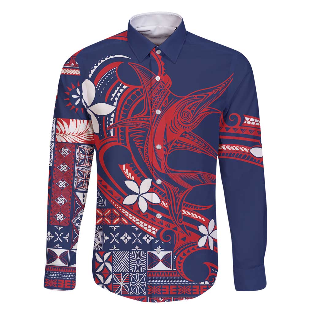 Samoa Manuia le Aso Tuto'atasi Family Matching Off Shoulder Maxi Dress and Hawaiian Shirt Siapo Mamanu Mix Tatau Marlin - Flag Color LT7 Dad's Shirt - Long Sleeve Blue - Polynesian Pride