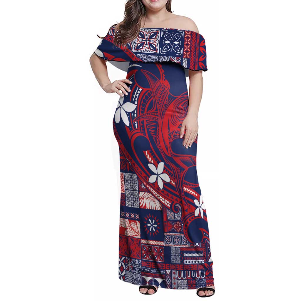Samoa Manuia le Aso Tuto'atasi Family Matching Off Shoulder Maxi Dress and Hawaiian Shirt Siapo Mamanu Mix Tatau Marlin - Flag Color LT7 Mom's Dress Blue - Polynesian Pride