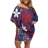 Samoa Manuia le Aso Tuto'atasi Family Matching Off Shoulder Short Dress and Hawaiian Shirt Siapo Mamanu Mix Tatau Marlin - Flag Color LT7 Mom's Dress Blue - Polynesian Pride