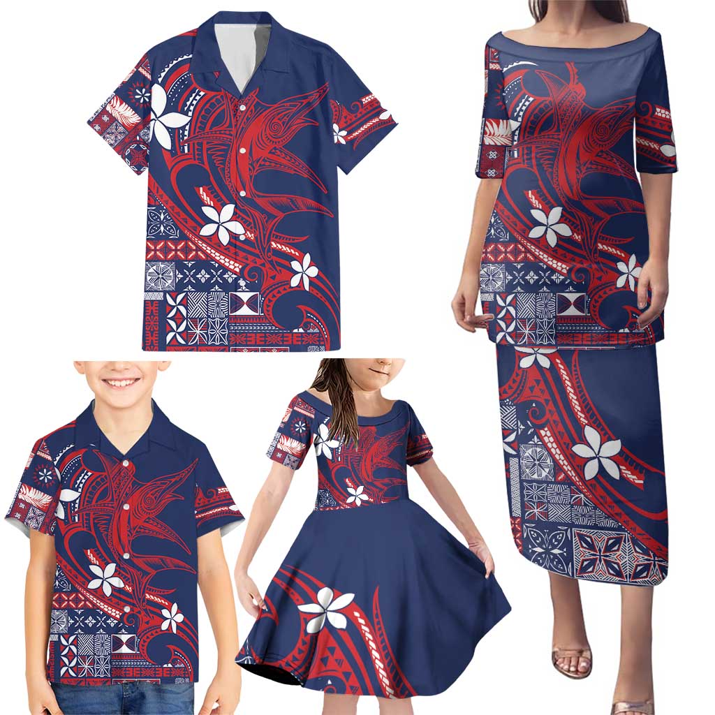 Samoa Manuia le Aso Tuto'atasi Family Matching Puletasi and Hawaiian Shirt Siapo Mamanu Mix Tatau Marlin - Flag Color LT7 - Polynesian Pride