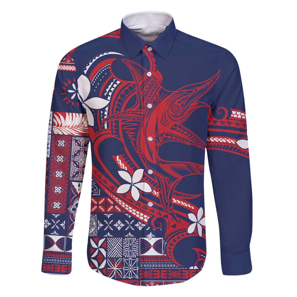 Samoa Manuia le Aso Tuto'atasi Family Matching Short Sleeve Bodycon Dress and Hawaiian Shirt Siapo Mamanu Mix Tatau Marlin - Flag Color LT7 Dad's Shirt - Long Sleeve Blue - Polynesian Pride