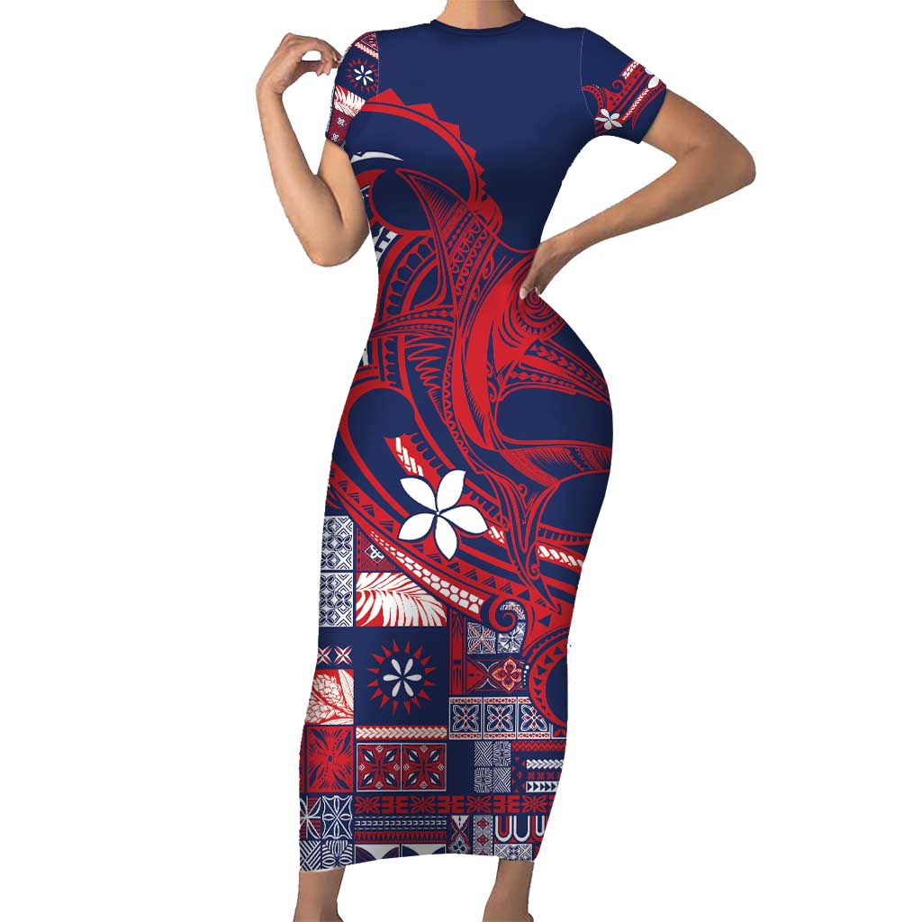 Samoa Manuia le Aso Tuto'atasi Family Matching Short Sleeve Bodycon Dress and Hawaiian Shirt Siapo Mamanu Mix Tatau Marlin - Flag Color LT7 Mom's Dress Blue - Polynesian Pride