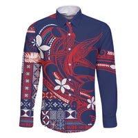 Samoa Manuia le Aso Tuto'atasi Family Matching Summer Maxi Dress and Hawaiian Shirt Siapo Mamanu Mix Tatau Marlin - Flag Color LT7 Dad's Shirt - Long Sleeve Blue - Polynesian Pride
