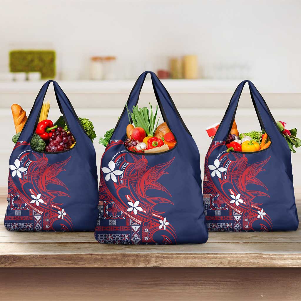 Samoa Manuia le Aso Tuto'atasi Grocery Bag Siapo Mamanu Mix Tatau Marlin - Flag Color LT7 3-pack One Size Blue - Polynesian Pride