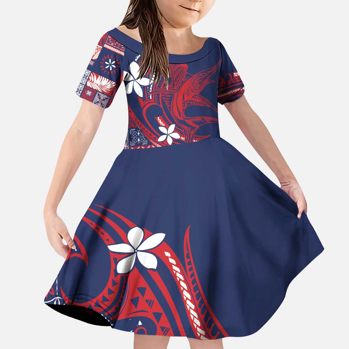 Samoa Manuia le Aso Tuto'atasi Kid Short Sleeve Dress Siapo Mamanu Mix Tatau Marlin - Flag Color LT7 KID Blue - Polynesian Pride