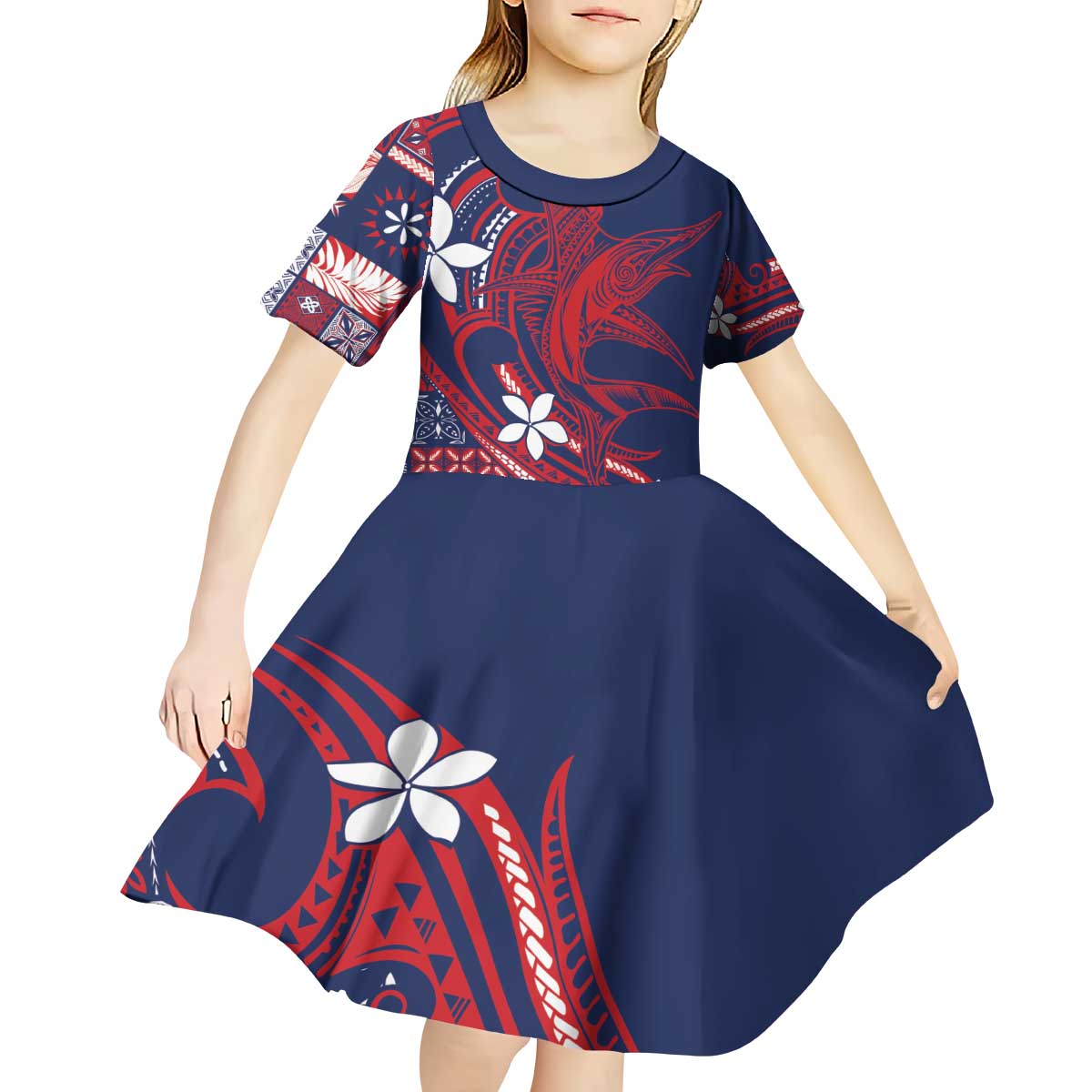 Samoa Manuia le Aso Tuto'atasi Kid Short Sleeve Dress Siapo Mamanu Mix Tatau Marlin - Flag Color LT7 - Polynesian Pride