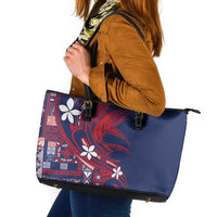 Samoa Manuia le Aso Tuto'atasi Leather Tote Bag Siapo Mamanu Mix Tatau Marlin - Flag Color LT7 Blue - Polynesian Pride