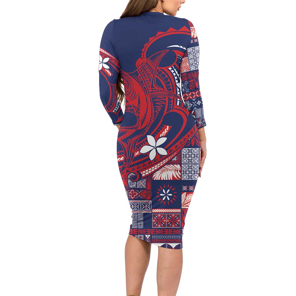 Samoa Manuia le Aso Tuto'atasi Long Sleeve Bodycon Dress Siapo Mamanu Mix Tatau Marlin - Flag Color LT7 - Polynesian Pride