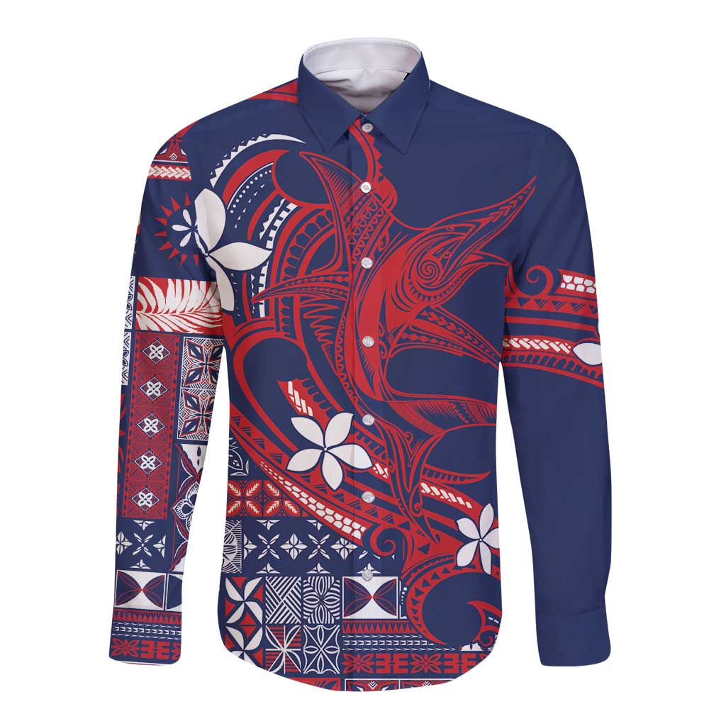 Samoa Manuia le Aso Tuto'atasi Long Sleeve Button Shirt Siapo Mamanu Mix Tatau Marlin - Flag Color LT7 Unisex Blue - Polynesian Pride