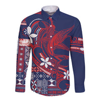 Samoa Manuia le Aso Tuto'atasi Long Sleeve Button Shirt Siapo Mamanu Mix Tatau Marlin - Flag Color LT7 Unisex Blue - Polynesian Pride