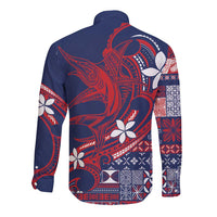 Samoa Manuia le Aso Tuto'atasi Long Sleeve Button Shirt Siapo Mamanu Mix Tatau Marlin - Flag Color LT7 - Polynesian Pride