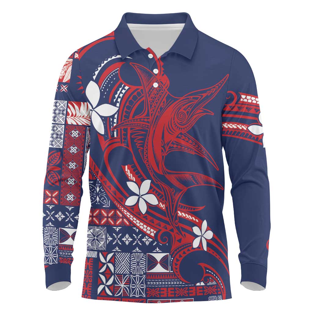 Samoa Manuia le Aso Tuto'atasi Long Sleeve Polo Shirt Siapo Mamanu Mix Tatau Marlin - Flag Color LT7 Blue - Polynesian Pride