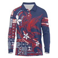 Samoa Manuia le Aso Tuto'atasi Long Sleeve Polo Shirt Siapo Mamanu Mix Tatau Marlin - Flag Color LT7 Blue - Polynesian Pride