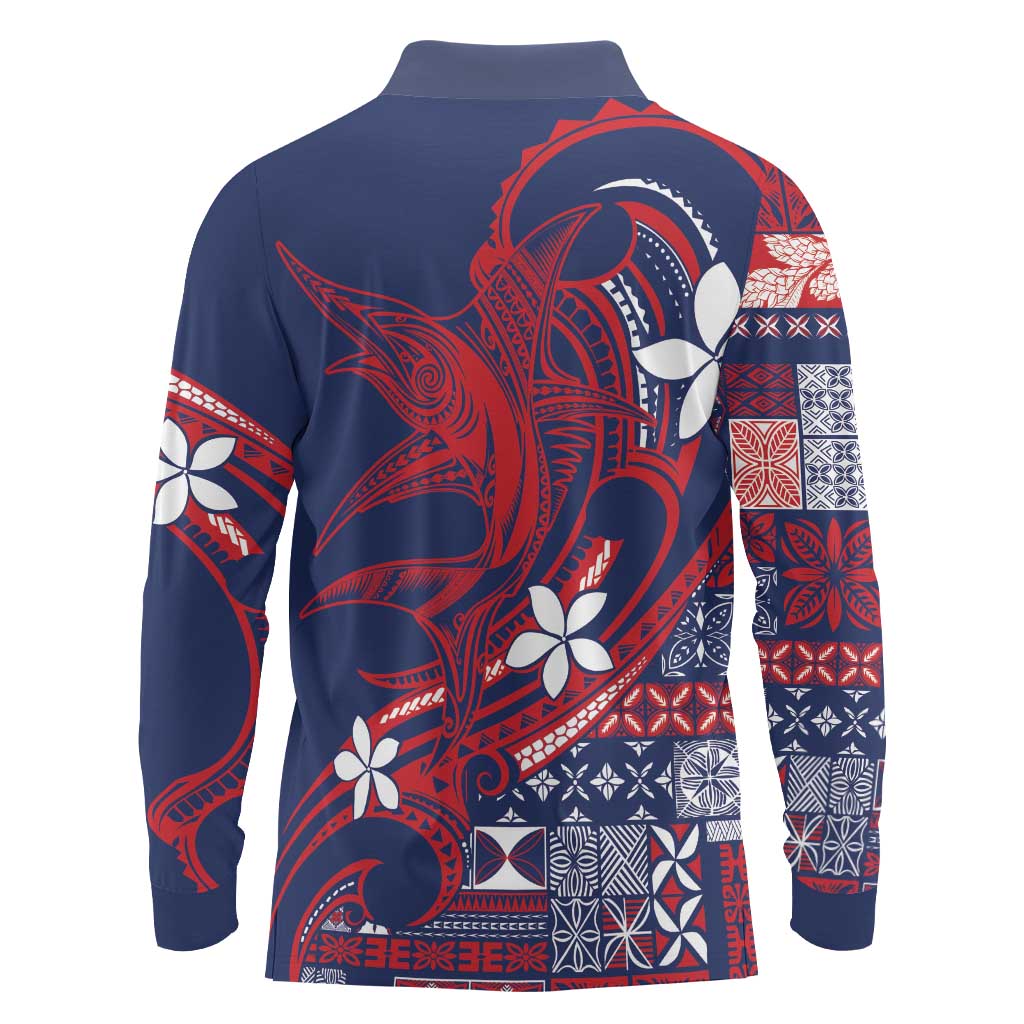 Samoa Manuia le Aso Tuto'atasi Long Sleeve Polo Shirt Siapo Mamanu Mix Tatau Marlin - Flag Color LT7 - Polynesian Pride