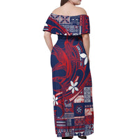Samoa Manuia le Aso Tuto'atasi Off Shoulder Maxi Dress Siapo Mamanu Mix Tatau Marlin - Flag Color LT7 - Polynesian Pride