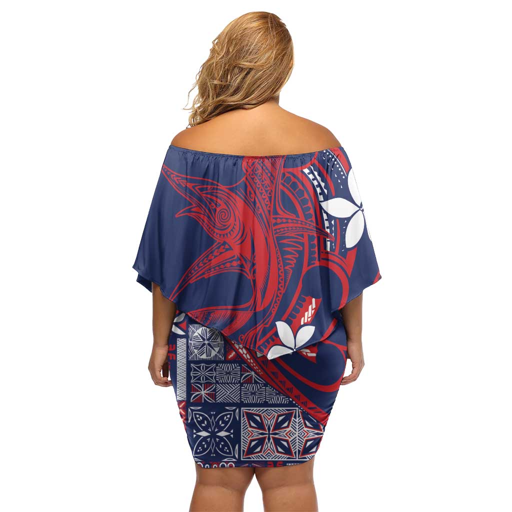 Samoa Manuia le Aso Tuto'atasi Off Shoulder Short Dress Siapo Mamanu Mix Tatau Marlin - Flag Color LT7 - Polynesian Pride