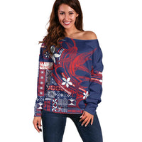 Samoa Manuia le Aso Tuto'atasi Off Shoulder Sweater Siapo Mamanu Mix Tatau Marlin - Flag Color LT7 Women Blue - Polynesian Pride