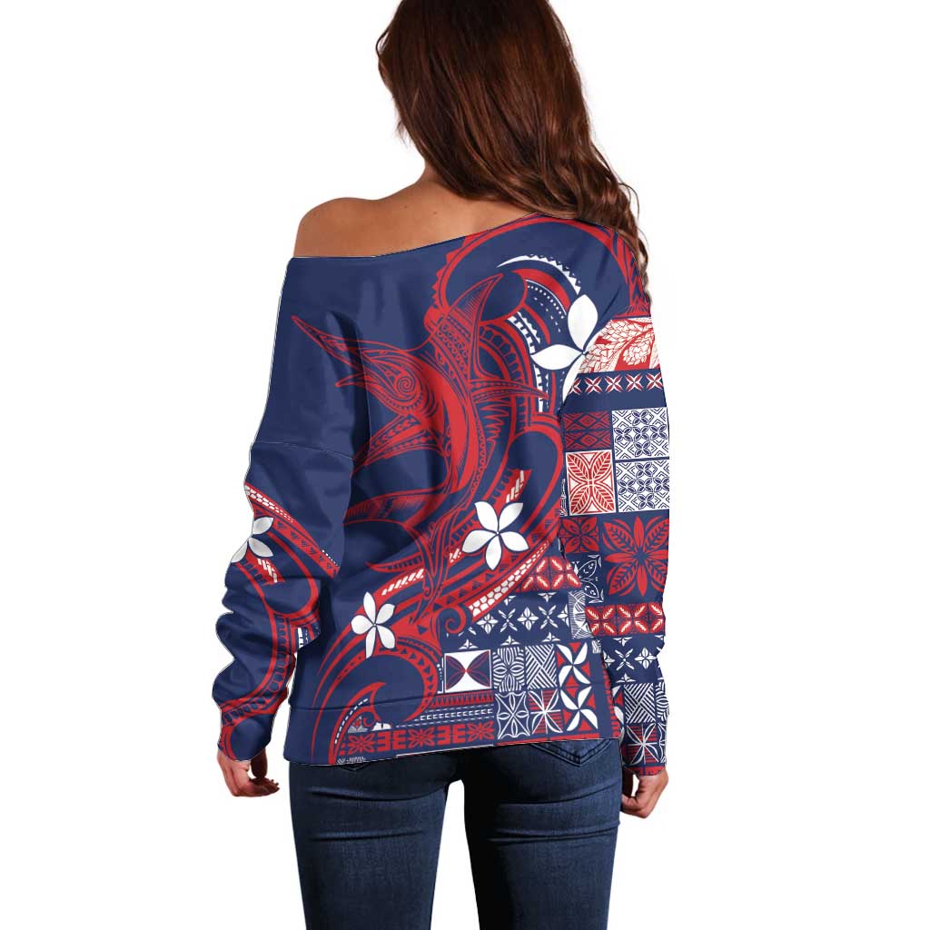 Samoa Manuia le Aso Tuto'atasi Off Shoulder Sweater Siapo Mamanu Mix Tatau Marlin - Flag Color LT7 - Polynesian Pride