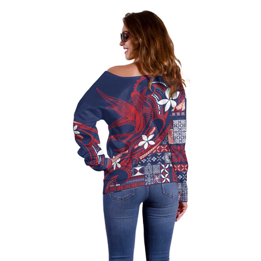 Samoa Manuia le Aso Tuto'atasi Off Shoulder Sweater Siapo Mamanu Mix Tatau Marlin - Flag Color LT7 - Polynesian Pride