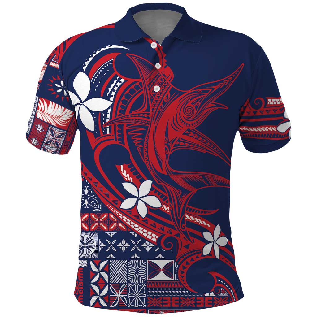 Samoa Manuia le Aso Tuto'atasi Polo Shirt Siapo Mamanu Mix Tatau Marlin - Flag Color LT7 Blue - Polynesian Pride