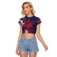 Samoa Manuia le Aso Tuto'atasi Raglan Cropped T Shirt Siapo Mamanu Mix Tatau Marlin - Flag Color LT7 Female Blue - Polynesian Pride