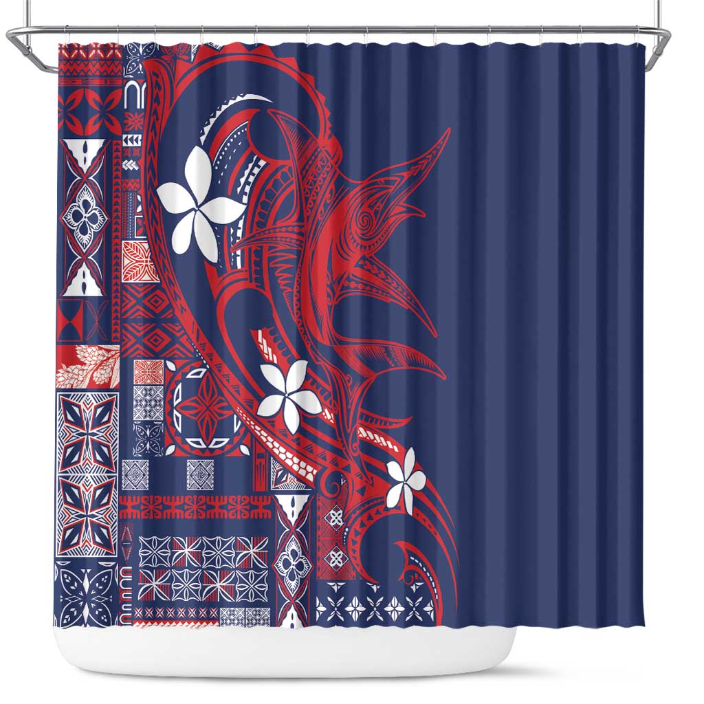 Samoa Manuia le Aso Tuto'atasi Shower Curtain Siapo Mamanu Mix Tatau Marlin - Flag Color LT7 Blue - Polynesian Pride