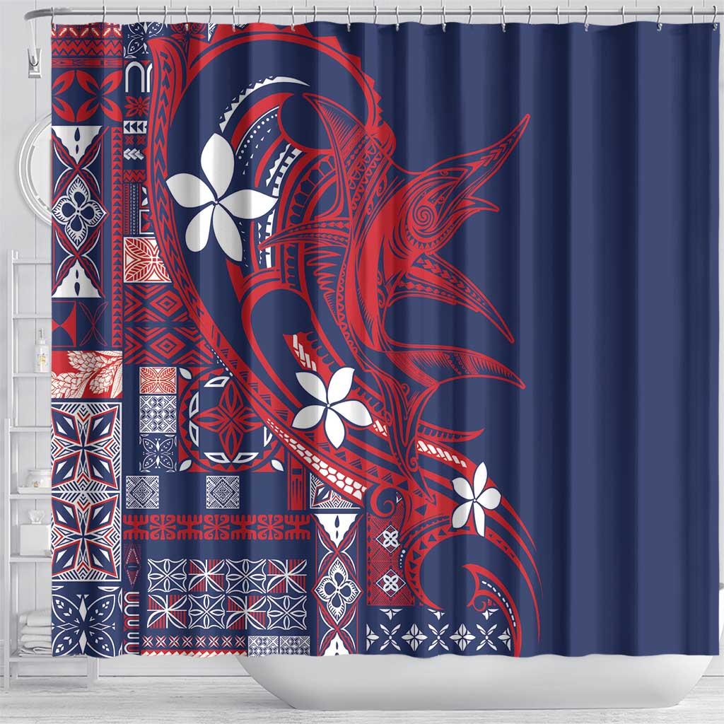 Samoa Manuia le Aso Tuto'atasi Shower Curtain Siapo Mamanu Mix Tatau Marlin - Flag Color LT7 - Polynesian Pride