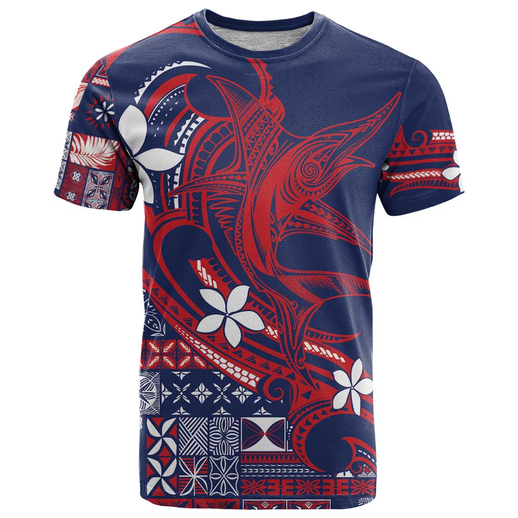 Samoa Manuia le Aso Tuto'atasi T Shirt Siapo Mamanu Mix Tatau Marlin - Flag Color LT7 Blue - Polynesian Pride