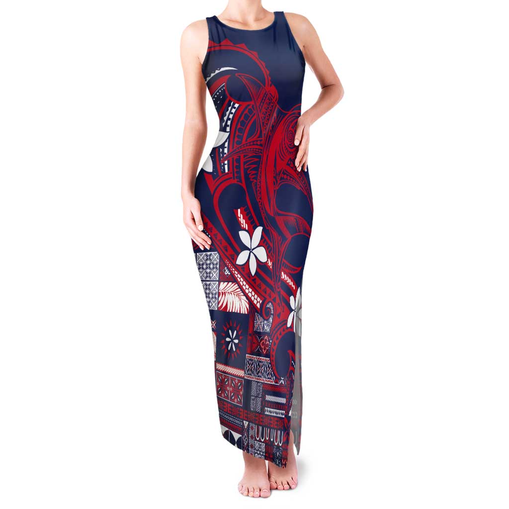 Samoa Manuia le Aso Tuto'atasi Tank Maxi Dress Siapo Mamanu Mix Tatau Marlin - Flag Color LT7 Women Blue - Polynesian Pride