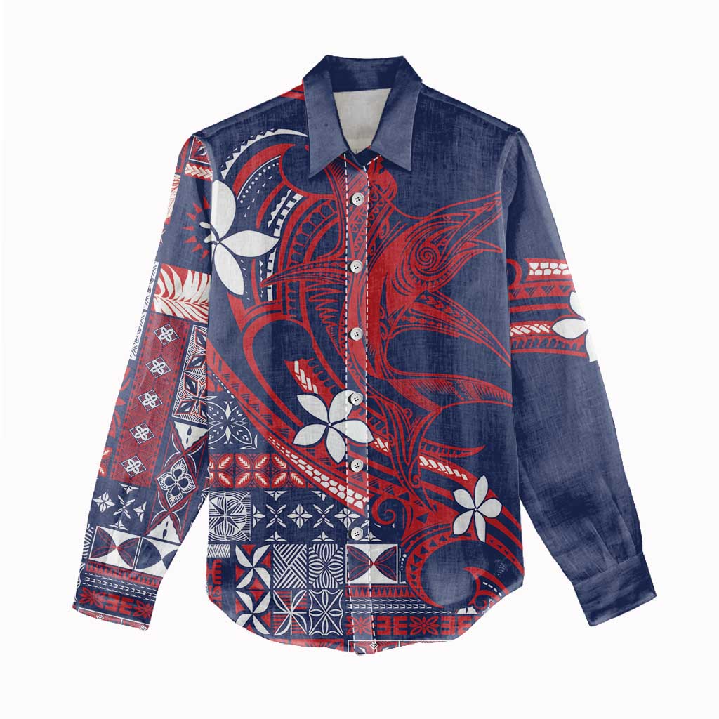 Samoa Manuia le Aso Tuto'atasi Women Casual Shirt Siapo Mamanu Mix Tatau Marlin - Flag Color LT7 - Polynesian Pride