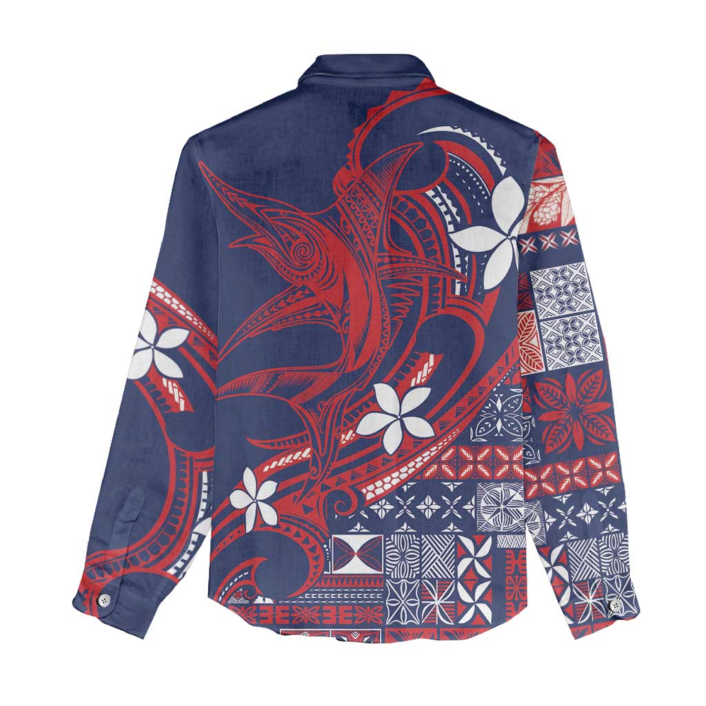 Samoa Manuia le Aso Tuto'atasi Women Casual Shirt Siapo Mamanu Mix Tatau Marlin - Flag Color LT7 - Polynesian Pride