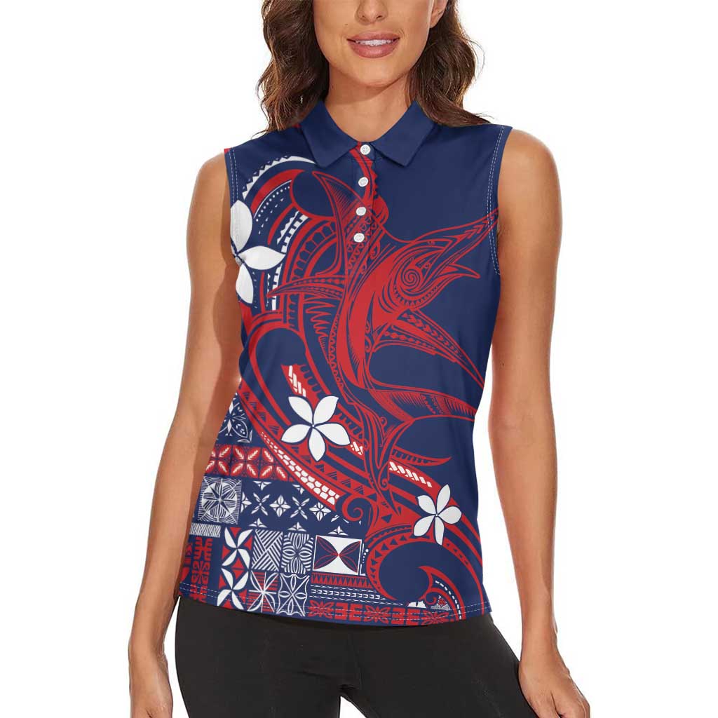 Samoa Manuia le Aso Tuto'atasi Women Sleeveless Polo Shirt Siapo Mamanu Mix Tatau Marlin - Flag Color LT7 - Polynesian Pride