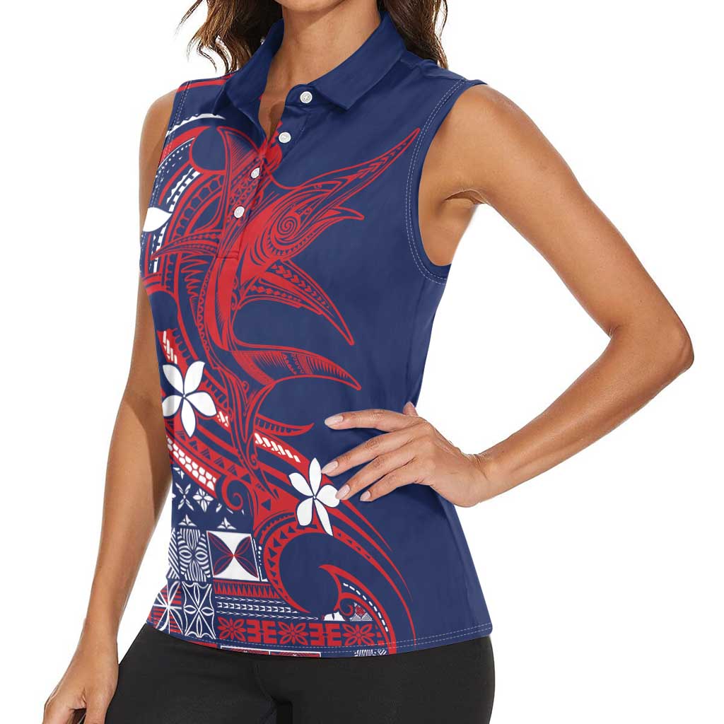 Samoa Manuia le Aso Tuto'atasi Women Sleeveless Polo Shirt Siapo Mamanu Mix Tatau Marlin - Flag Color LT7 - Polynesian Pride
