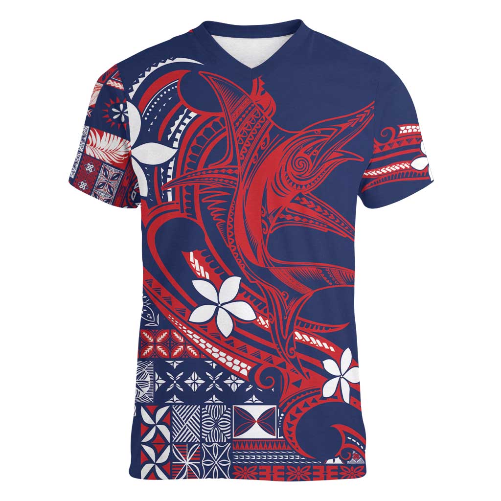 Samoa Manuia le Aso Tuto'atasi Women V-Neck T-Shirt Siapo Mamanu Mix Tatau Marlin - Flag Color LT7 Female Blue - Polynesian Pride
