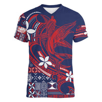 Samoa Manuia le Aso Tuto'atasi Women V-Neck T-Shirt Siapo Mamanu Mix Tatau Marlin - Flag Color LT7 Female Blue - Polynesian Pride