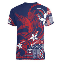 Samoa Manuia le Aso Tuto'atasi Women V-Neck T-Shirt Siapo Mamanu Mix Tatau Marlin - Flag Color LT7 - Polynesian Pride