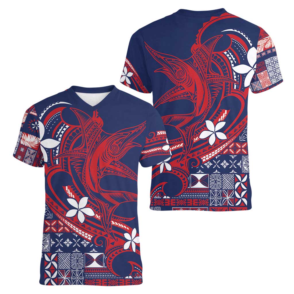 Samoa Manuia le Aso Tuto'atasi Women V-Neck T-Shirt Siapo Mamanu Mix Tatau Marlin - Flag Color LT7 - Polynesian Pride