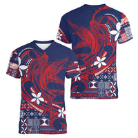 Samoa Manuia le Aso Tuto'atasi Women V-Neck T-Shirt Siapo Mamanu Mix Tatau Marlin - Flag Color LT7 - Polynesian Pride