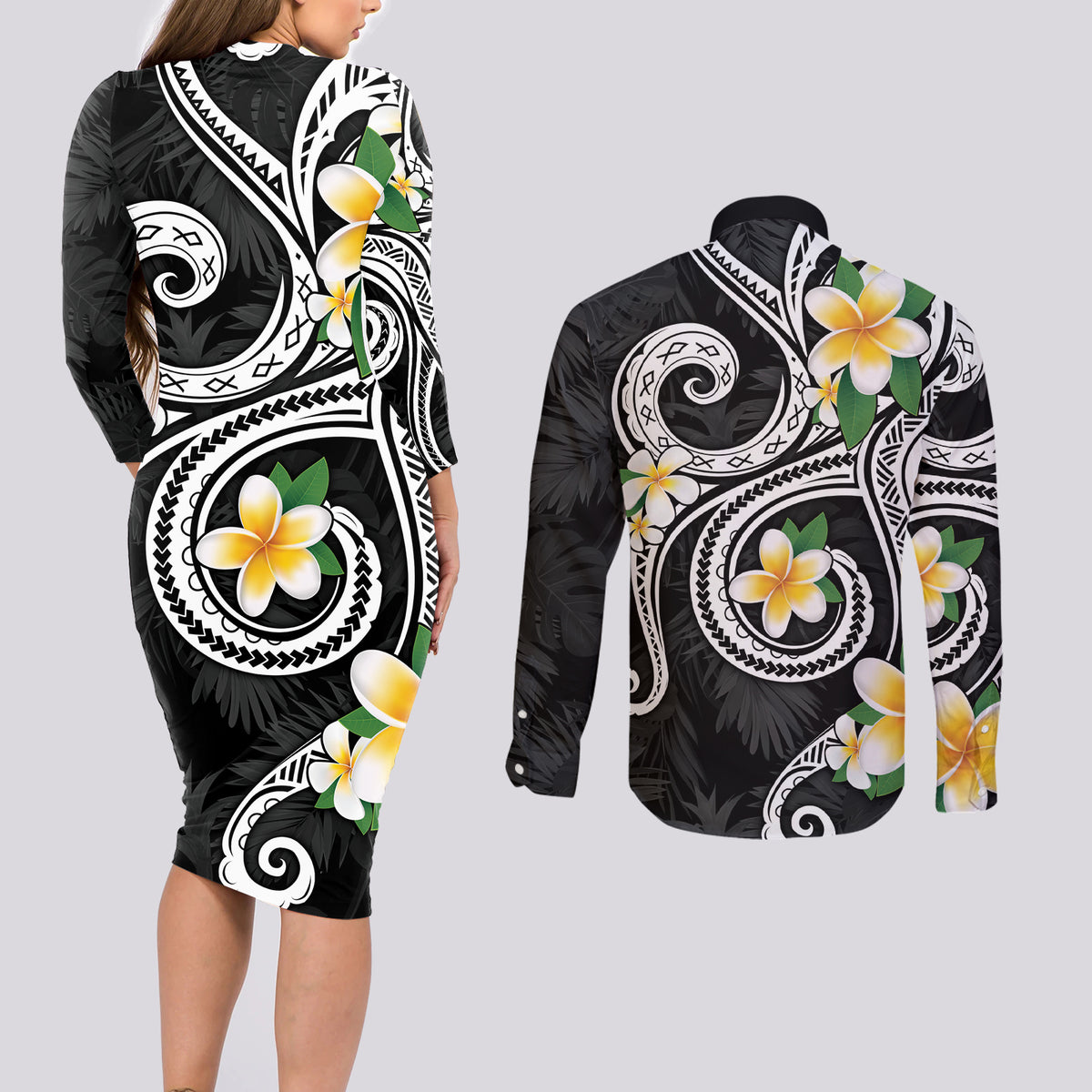 Kanaka Maoli Hawaii Plumeria Couples Matching Long Sleeve Bodycon Dress and Long Sleeve Button Shirt Dancing Tentacles Black Style LT7 - Polynesian Pride