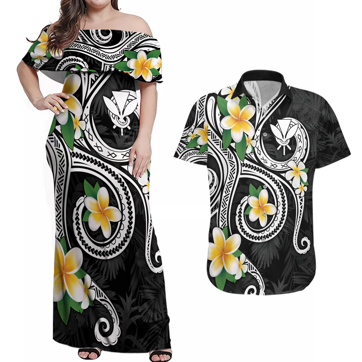 Kanaka Maoli Hawaii Plumeria Couples Matching Off Shoulder Maxi Dress and Hawaiian Shirt Dancing Tentacles Black Style LT7 Black - Polynesian Pride