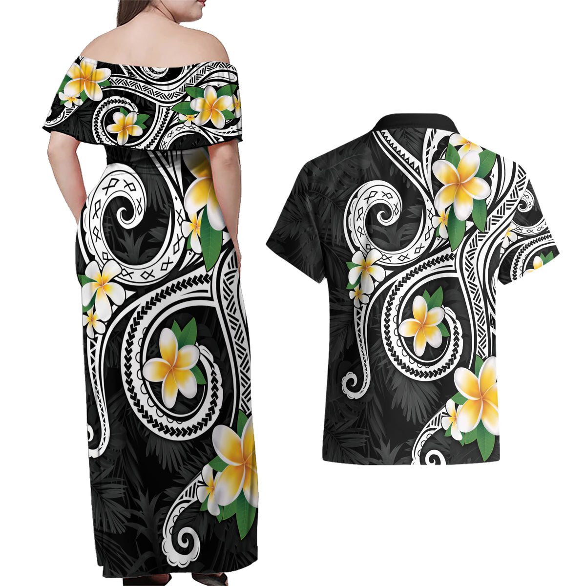 Kanaka Maoli Hawaii Plumeria Couples Matching Off Shoulder Maxi Dress and Hawaiian Shirt Dancing Tentacles Black Style LT7 - Polynesian Pride