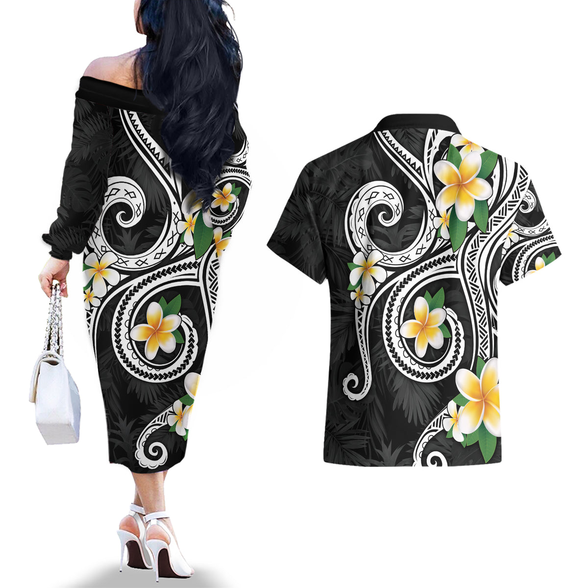 Kanaka Maoli Hawaii Plumeria Couples Matching Off The Shoulder Long Sleeve Dress and Hawaiian Shirt Dancing Tentacles Black Style LT7 - Polynesian Pride