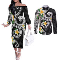 Kanaka Maoli Hawaii Plumeria Couples Matching Off The Shoulder Long Sleeve Dress and Long Sleeve Button Shirt Dancing Tentacles Black Style LT7 Black - Polynesian Pride