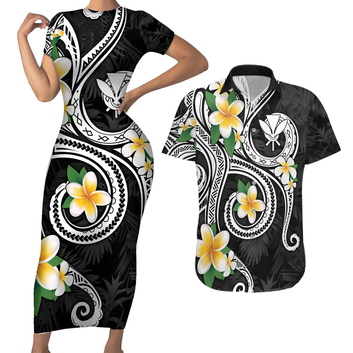 Kanaka Maoli Hawaii Plumeria Couples Matching Short Sleeve Bodycon Dress and Hawaiian Shirt Dancing Tentacles Black Style LT7 Black - Polynesian Pride