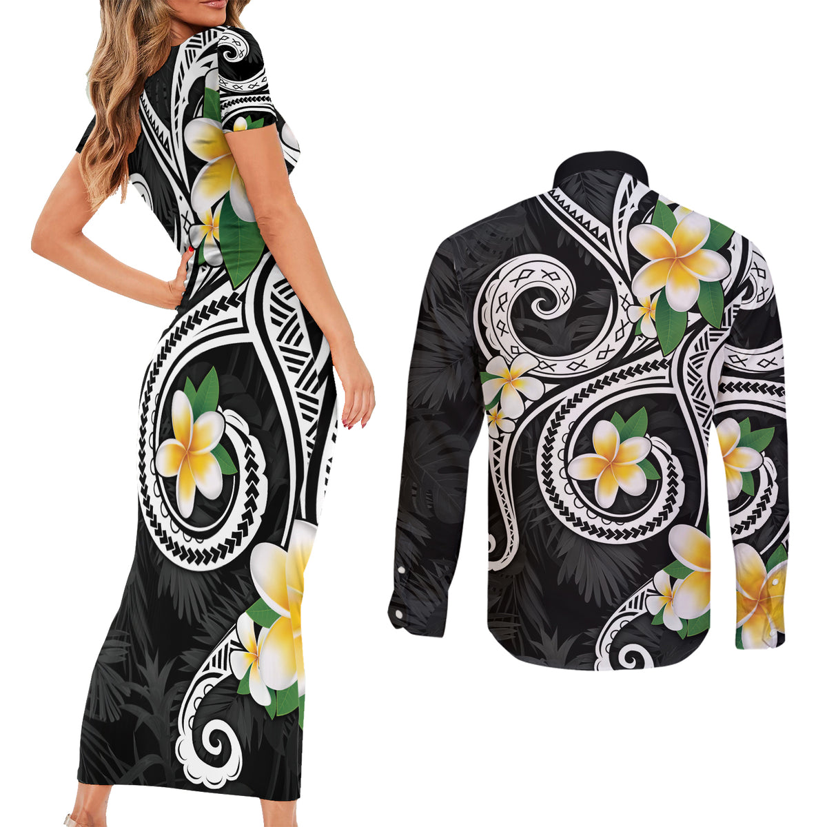Kanaka Maoli Hawaii Plumeria Couples Matching Short Sleeve Bodycon Dress and Long Sleeve Button Shirt Dancing Tentacles Black Style LT7 - Polynesian Pride