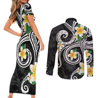 Kanaka Maoli Hawaii Plumeria Couples Matching Short Sleeve Bodycon Dress and Long Sleeve Button Shirt Dancing Tentacles Black Style LT7 - Polynesian Pride
