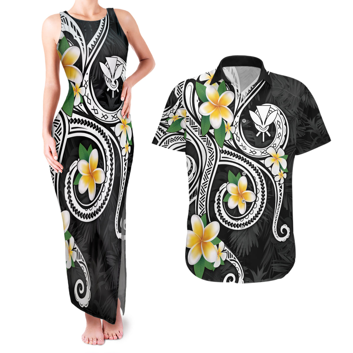 Kanaka Maoli Hawaii Plumeria Couples Matching Tank Maxi Dress and Hawaiian Shirt Dancing Tentacles Black Style LT7 Black - Polynesian Pride
