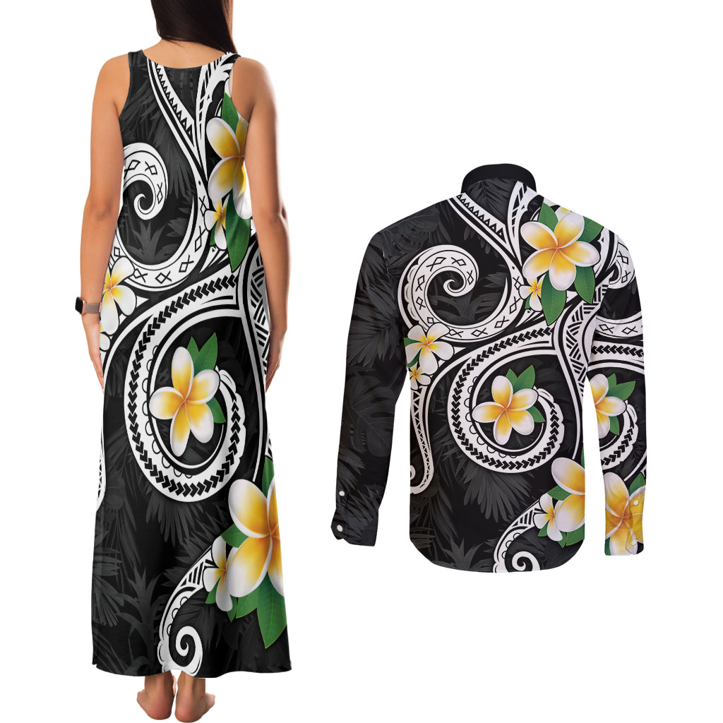 Kanaka Maoli Hawaii Plumeria Couples Matching Tank Maxi Dress and Long Sleeve Button Shirt Dancing Tentacles Black Style LT7 - Polynesian Pride