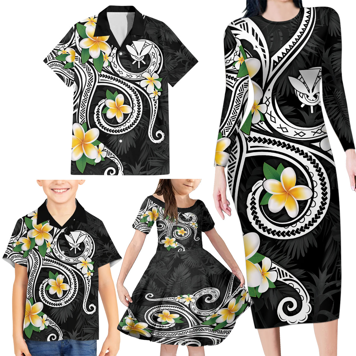 Kanaka Maoli Hawaii Plumeria Family Matching Long Sleeve Bodycon Dress and Hawaiian Shirt Dancing Tentacles Black Style LT7 - Polynesian Pride