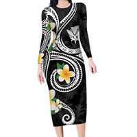 Kanaka Maoli Hawaii Plumeria Family Matching Long Sleeve Bodycon Dress and Hawaiian Shirt Dancing Tentacles Black Style LT7 Mom's Dress Black - Polynesian Pride